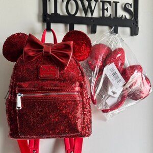✨ Disney Red Sequin Bundle – Loungefly Bag + Mickey Ears ✨